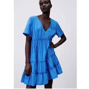 Zara Blue V neck Gem stone buttons Mini Dress